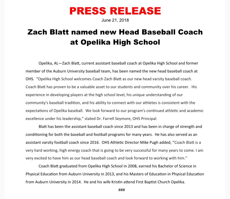 ONTHEDMARK1's tweet photo. OPELIKA names Blatt New ⚾️ Coach https://t.co/Mj8sLi0CWf