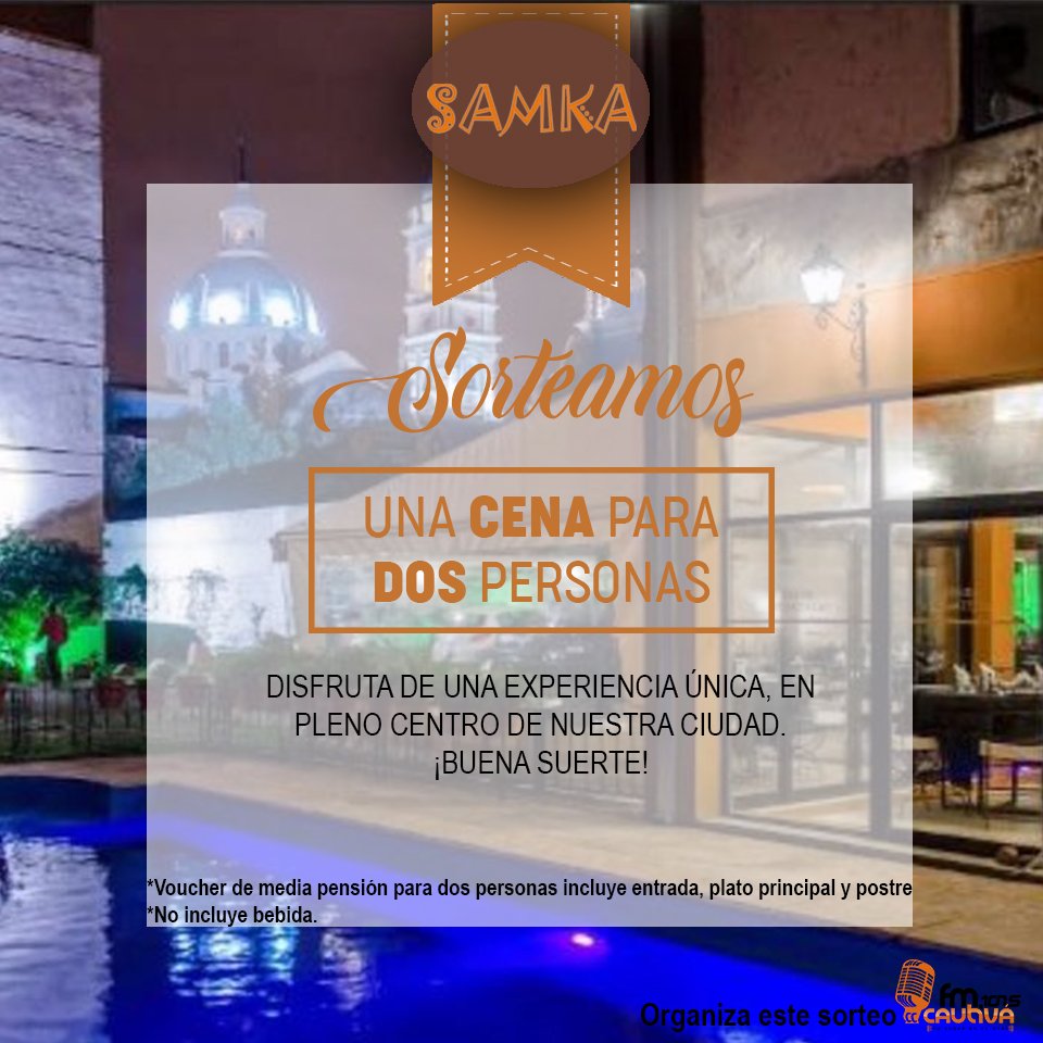fmcautiva's tweet photo. #sorteo #salta #HotelSamka #CenaParaDos
Para participar: Dejá tus últimos 3 números del DNI.
Seguinos en twitter y retweet a la publicación. ¡¡BONUS!!: Si subís una foto en el cenando o almorzando en el restaurant del Hotel, arrobando a CautivaMag tenés 5 chances más de ganar! https://t.co/FZTL47AopV