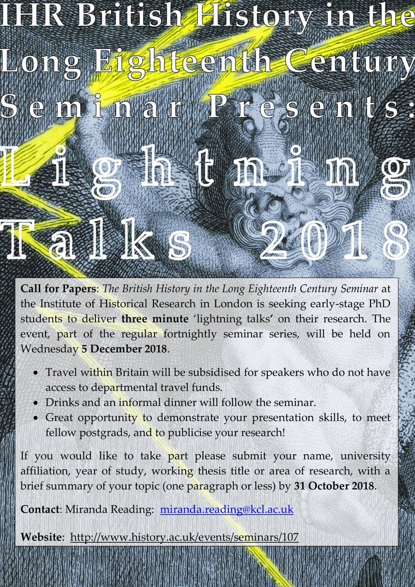 long18thsem's tweet photo. News Flash: We are seeking early-stage PhD students to take part in our annual ⚡Talks event. Taking place on 5 Dec 2018 @ihr_history Deadline for responses: 31 Oct 2018

Great opportunity to meet other PGRs and to have drinks and dinner afterwards! https://t.co/5yIEVm5vi2