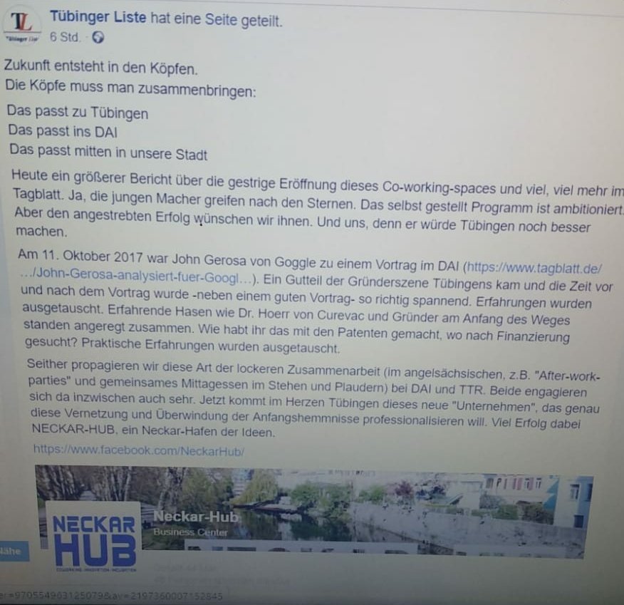 NeckarHub's tweet photo. Wow, vielen Dank:
"Das passt zu #Tübingen
Das passt ins #DAI
Das passt mitten in unsere Stadt"
Vielen Dank an @IHK_Reutlingen und #wit #tfrt und natürlich das @GW_DiIn @BMWi_Bund https://t.co/u92upee8l9