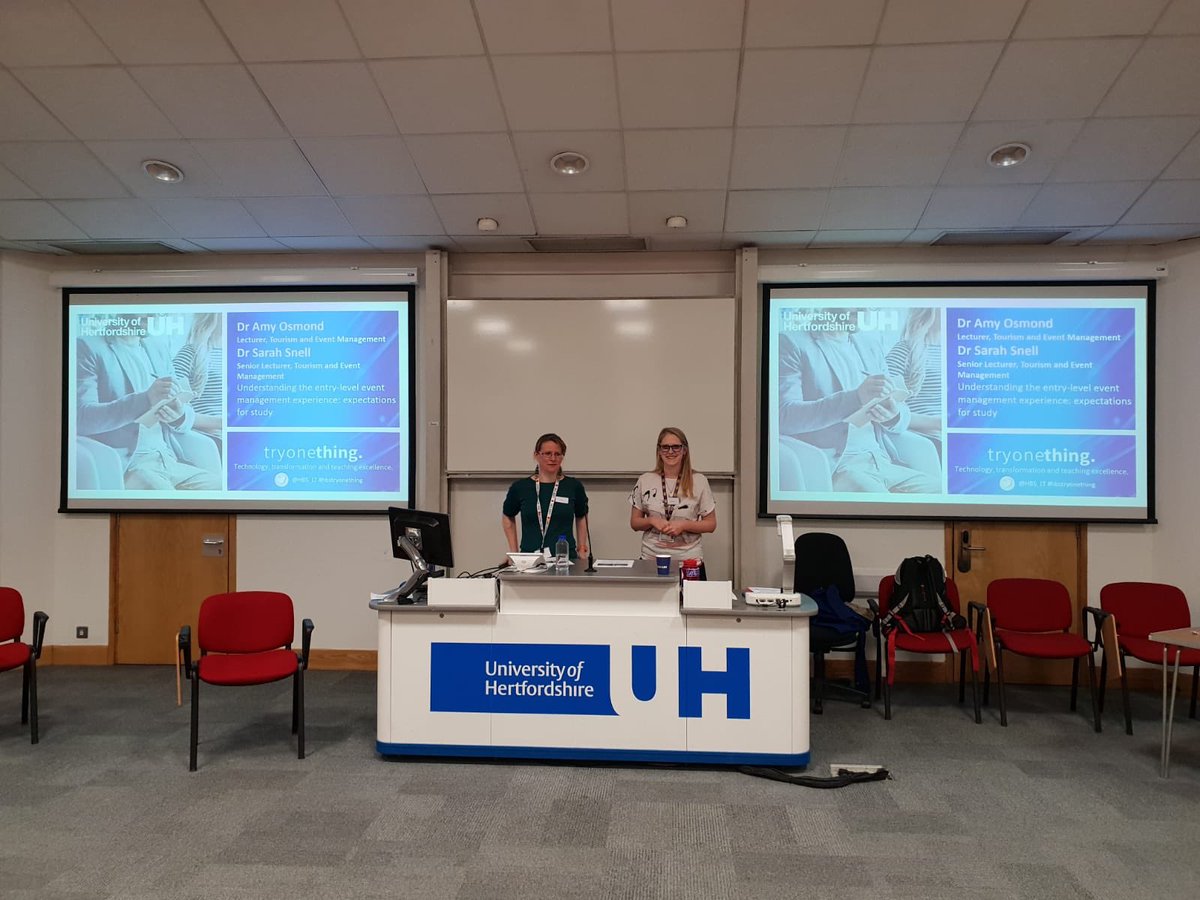 CelesteVJones's tweet photo. Our very own @EventMgtTHEM lecturers @SarahSnellUK and Amy Osmond presenting their research on event management students : expectations for study @HBS_LT #hbstryonething https://t.co/pHQitYryyn