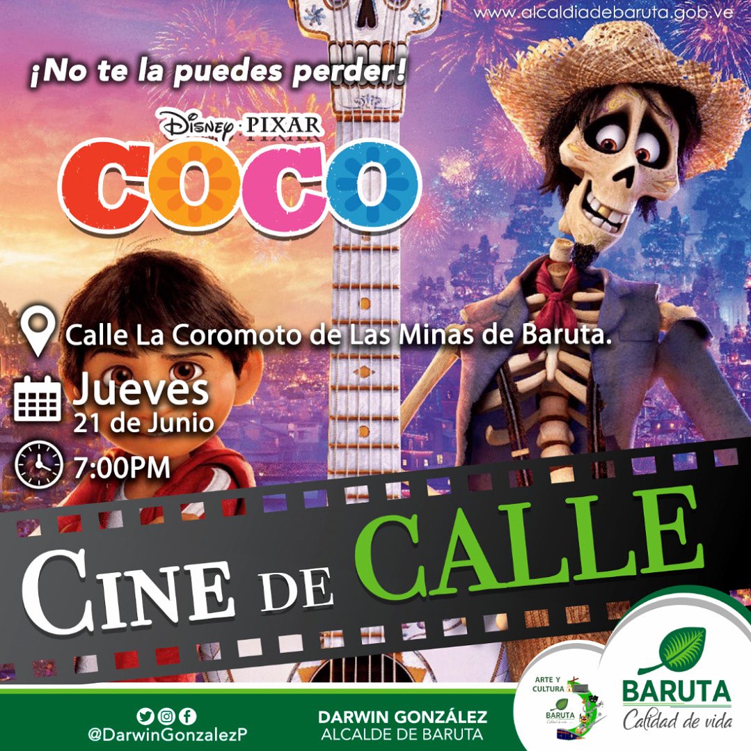 Continuamos con nuestros "Cines de Calle" el día de hoy #jueves #21Jun  en Las Minas de Baruta, exactamente en la Calle Coromoto  a partir de las 7:00pm con la animación de "Coco" ¡No te la puedes perder! <a href="/barutacultural/">Baruta Cultural</a> #CalidadDeVida