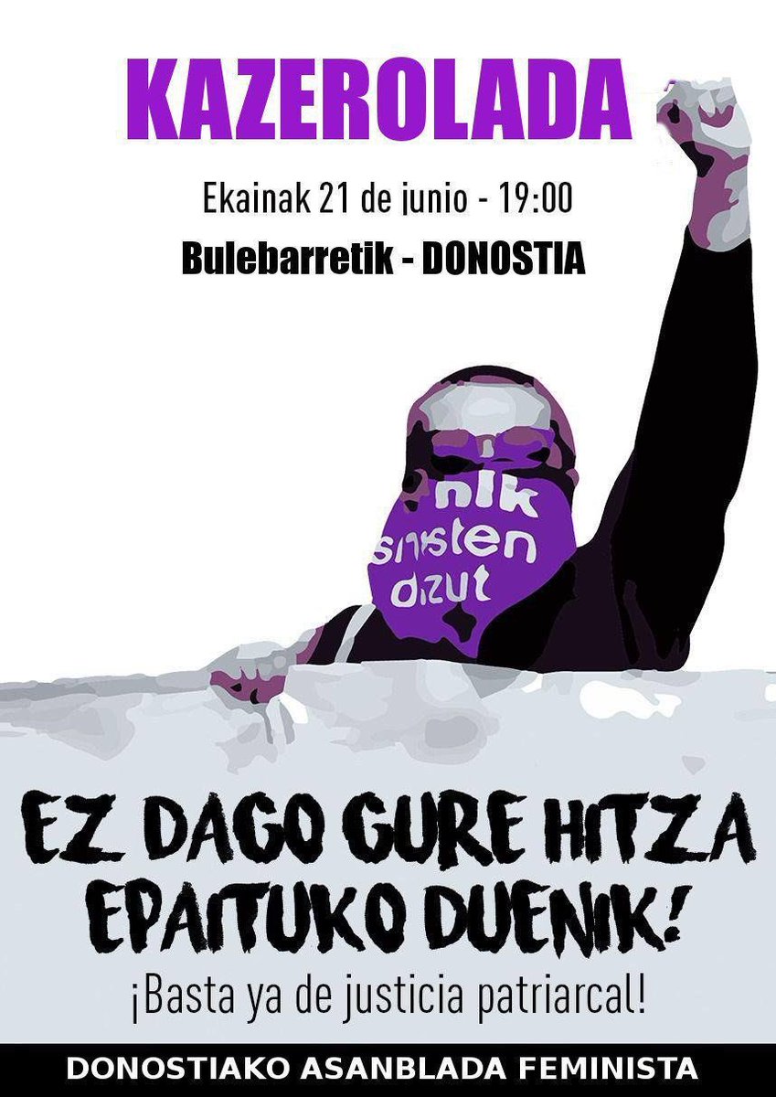 PFeminismos's tweet photo. 🚨🚨ÚLTIMA HORA🚨🚨
La Audiencia de Navarra ha decretado libertad provisional bajo fianza para los miembros de "la manada".
Por ello, HOY a las 19.00 movilización desde el Boulevard de Donostia.
 #JusticiaPatriarcal https://t.co/NuBpPV27vS