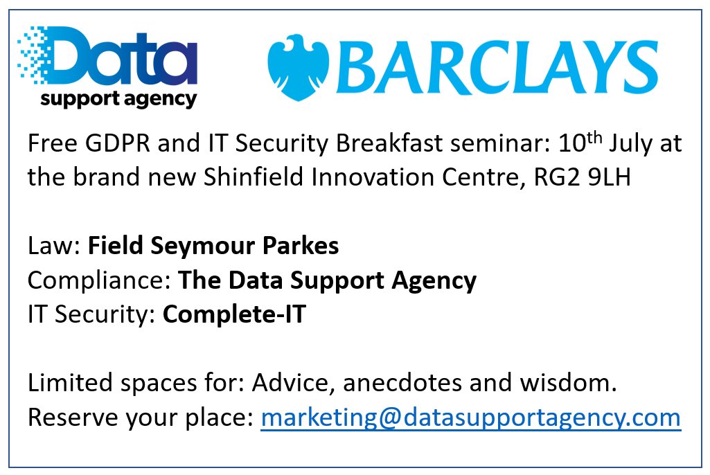 _DataSupport's tweet photo. Delighted to be part of this event with @Barclays plus @fsplaw and @CompleteITLtd to give you all that you need to accelerate your GDPR and Data Protection activities. Law, Process and Technology plus a croissant or two. Message us to register. https://t.co/7n7HeFatag