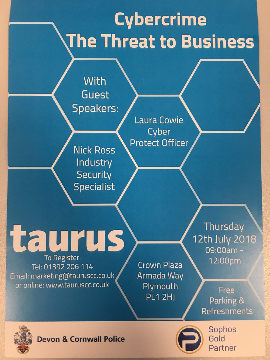 Check this out! <a href="/TaurusCC/">Taurus Cc</a> are running a seminar on cybercrime in Plymouth on the 12th of July! All businesses should be fully aware of the threats and how to prevent them! Be there! #CyberCrime #CyberSecurity