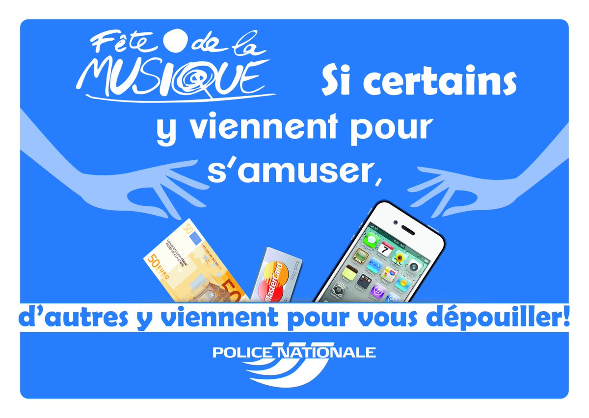 PoliceNat31's tweet photo. [#ContreLesVols ] Pour que votre #FetedelaMusique2018 ne soit pas gâchée, restez vigilants. L'affluence dans les rues attire les pickpockets. Ne leur facilitez pas la tâche #ProtectionDesBiens @PrefetOccitanie https://t.co/TNmmmNC4GG