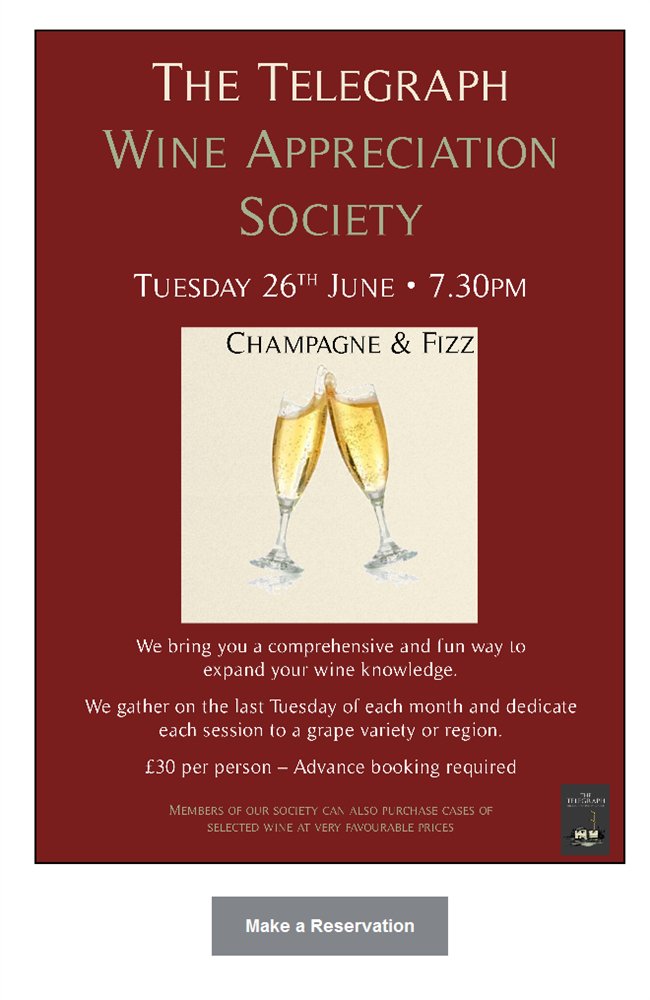 pub_events's tweet photo. Champagne &amp; Fizz . The Telegraph Wine Appreciation Society . Tuesday 26th June - 7.30pm https://t.co/0DwqaUPr6F https://t.co/zPEQPmCtPO