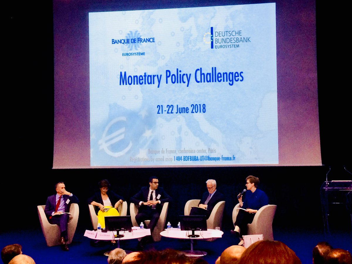 Great panel at #MonetaryPolicyChallenges conference in #Paris, with #SylvieGoulard from @banquedefrance, #ClaudiaBuch from @bundesbank, #PhilippeMartin from @CAEinfo and @sciencespo, #BarryEichengreen from @UCBerkeley and chaired by #EmmanuelFarhi from @Harvard