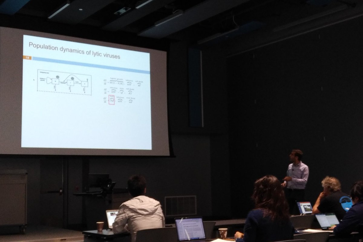 Virosphere2012's tweet photo. @joshuasweitz presents a model on when to chose lysogeny over lysis at #AVW9 It's not just the number of viruses produced, it's also the number of hosts that are found. https://t.co/Mb0oXJ8ZFR