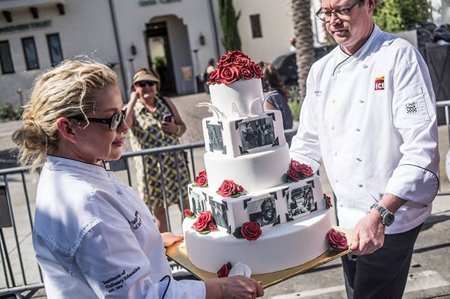 iceculinary's tweet photo. #TBT That time ICE LA Pastry Chef-Instructor Missy Smith-Chapman crafted this masterpiece — adorned with 25 lbs. of fondant, 80 roses and leaves, and 14 wafer paper photos — in celebration of the 100th anniversary of the @pasadenaplayhouse at the annual … https://t.co/ABEJuxtLMs https://t.co/fXJBA9FGxs