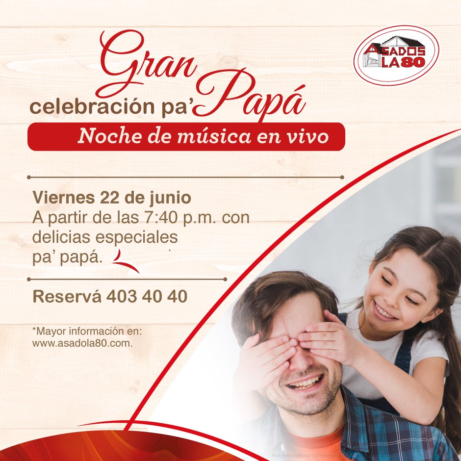 asadosla80's tweet photo. ¡Sorprendé a papá en #AsadosLa80, y disfrutá de un gran momento de música y delicias especiales junto a él! 

Programáte, éste viernes 22 de junio desde las 7:40 p.m. y regálale a papá mundial un momento pa' recordar, en nuestra sede Belén.

Reservá 403 4040 https://t.co/nro8Ed2tst