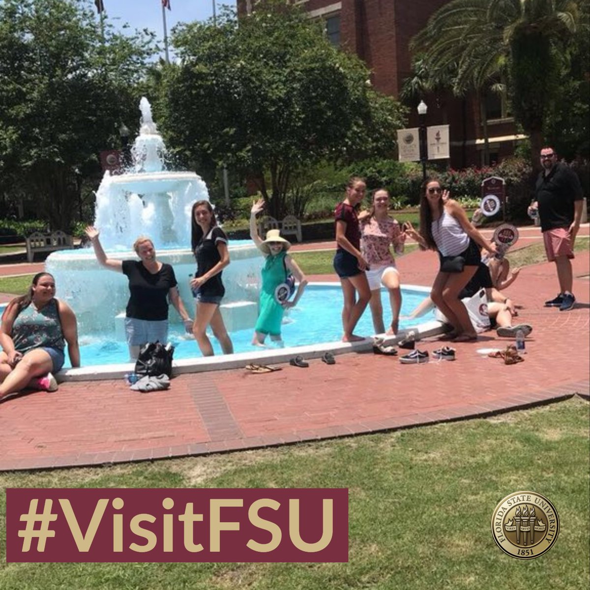 FSUAdmissions's tweet photo. How do you end a tour when the heat index is over 100Β°? By cooling off in Westcott Fountain, of course! Schedule your campus visit at https://t.co/jJ6QGtHtff. We always provide fans and bottled water to help our guests stay cool.
#VisitFSU #FSU23 #GoNoles https://t.co/7QhEpJAcKW