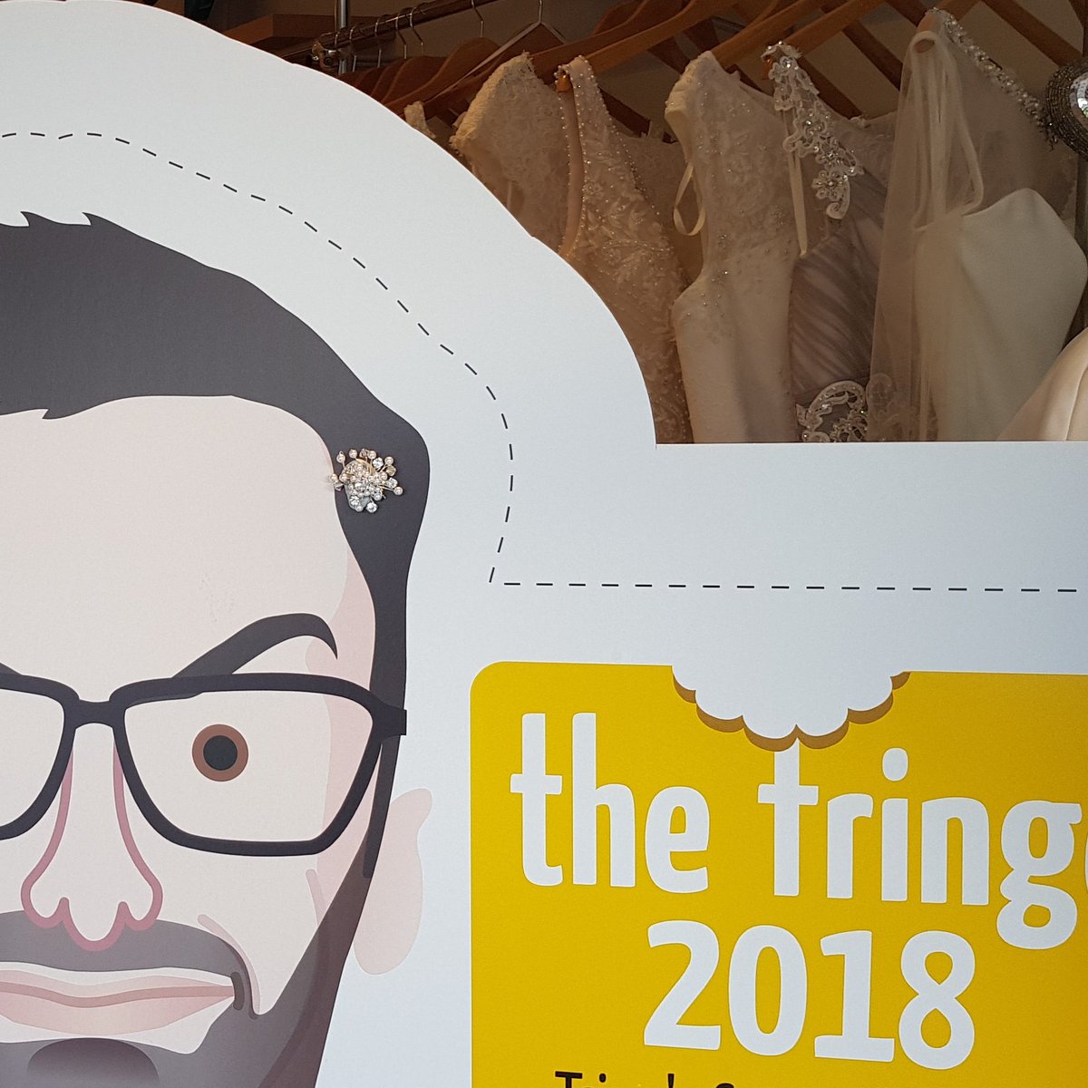 tringefestival's tweet photo. Marcus Brigstocke may have been in Confetti Bridalwear a little too long. He's starting to be decorated! https://t.co/0nsSG96Xnm