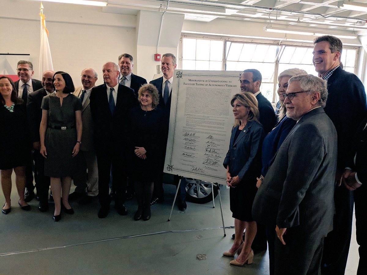 Charlie Baker (@magovarchive) on Twitter photo At <a href="/MassRobotics/">MassRobotics</a> in South Boston with Transportation Secretary Pollack and Somerville Mayor <a href="/JoeCurtatone/">Joseph A. Curtatone</a> this morning as <a href="/MassDOT/">Mass. Transportation</a> signed a MOU with mayors of several cities and towns to further facilitate and expand the testing of #autonomousvehicles on Massachusetts roadways. At <a href="/MassRobotics/">MassRobotics</a> in South Boston with Transportation Secretary Pollack and Somerville Mayor <a href="/JoeCurtatone/">Joseph A. Curtatone</a> this morning as <a href="/MassDOT/">Mass. Transportation</a> signed a MOU with mayors of several cities and towns to further facilitate and expand the testing of #autonomousvehicles on Massachusetts roadways.