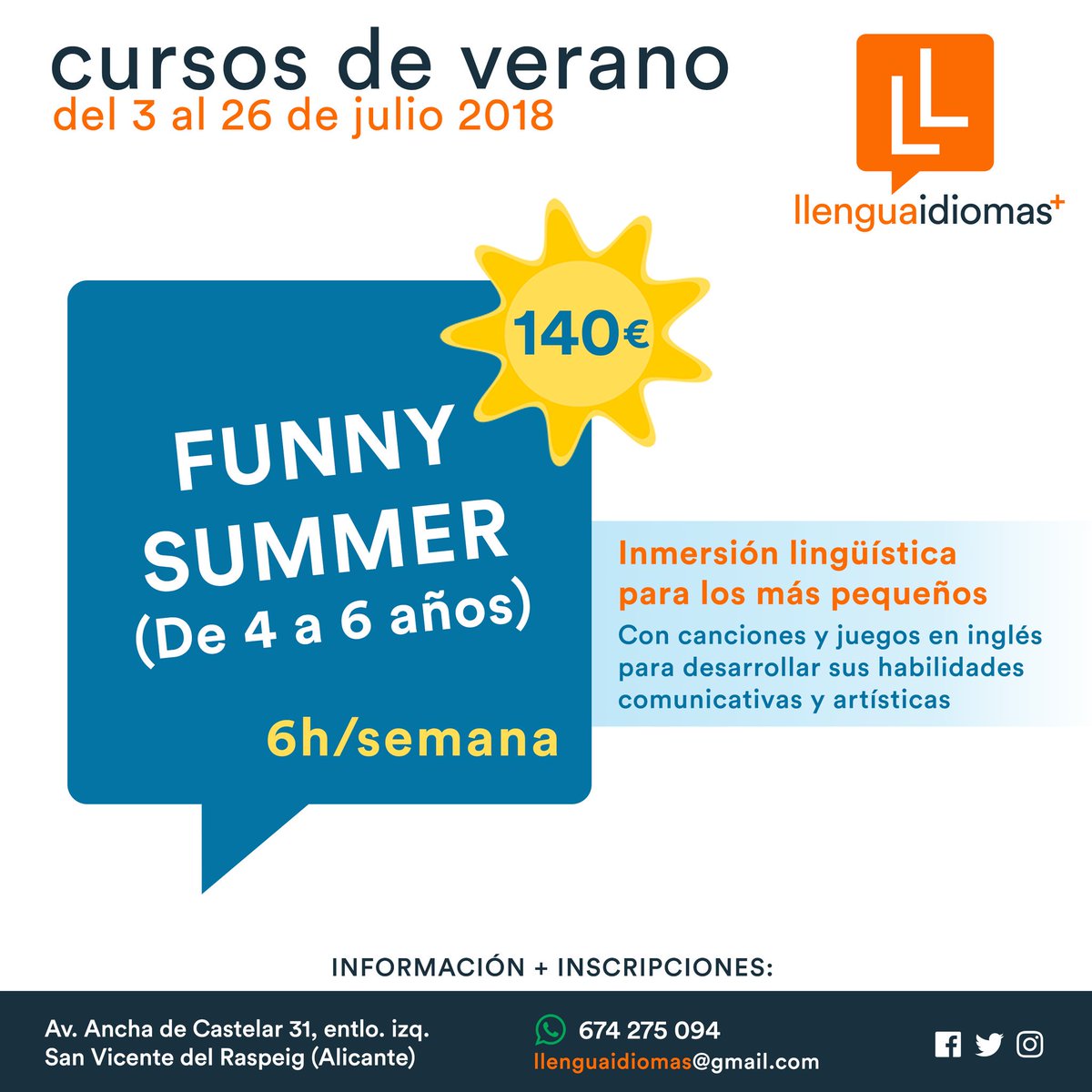 llenguaidiomas's tweet photo. Para los más pequeños hemos preparado un #FunnySummer ☀️ de lo más especial: Canciones y juegos en inglés para que los niños se familiaricen con el idioma.
Más info: 674275094 📲
#verano #cursosdeverano #verano2018 #BienvenidoVerano #inglés #english #alicante https://t.co/udSUJh72tX