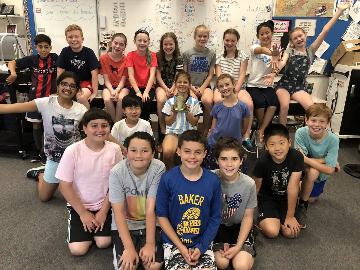 5A_Baker's tweet photo. For the 2nd time in the history of 5A, we took first place in the fifth grade Olympics! We had so much fun and are feeling so proud! #championshipfrog #5Amazing #Ateam https://t.co/Fl6W4s9ju4