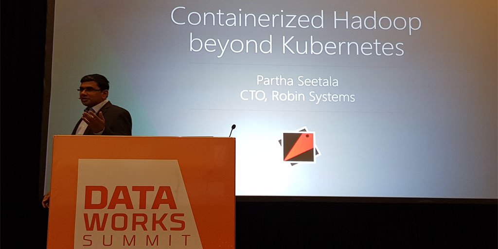 Robin4K8S's tweet photo. Rounding out a busy Wed at #DataWorksSummit, great preso by Partha Seetala, CTO, #RobinSystems on "Containerized Hadoop beyond Kubernetes" #Hadoop #BigData #NoSQL #Containers #Kubernetes https://t.co/U9k1cwcdob Hadoop with Robin: https://t.co/wIoz8mZmTI https://t.co/lSf34TQ0Oq
