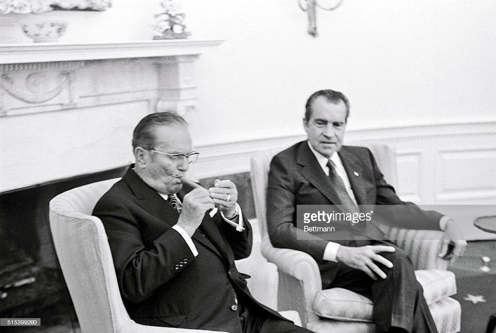 Broz1892's tweet photo. President Tito lighting a Cuban cigar, which were personally delivered to him by Fidel Castro, in the White House on an official state visit. Smoking is strictly forbiden in the White House. Sounds like a big middle finger in Nixon's face if you ask me. (1971.) https://t.co/NHfEqlQdnZ