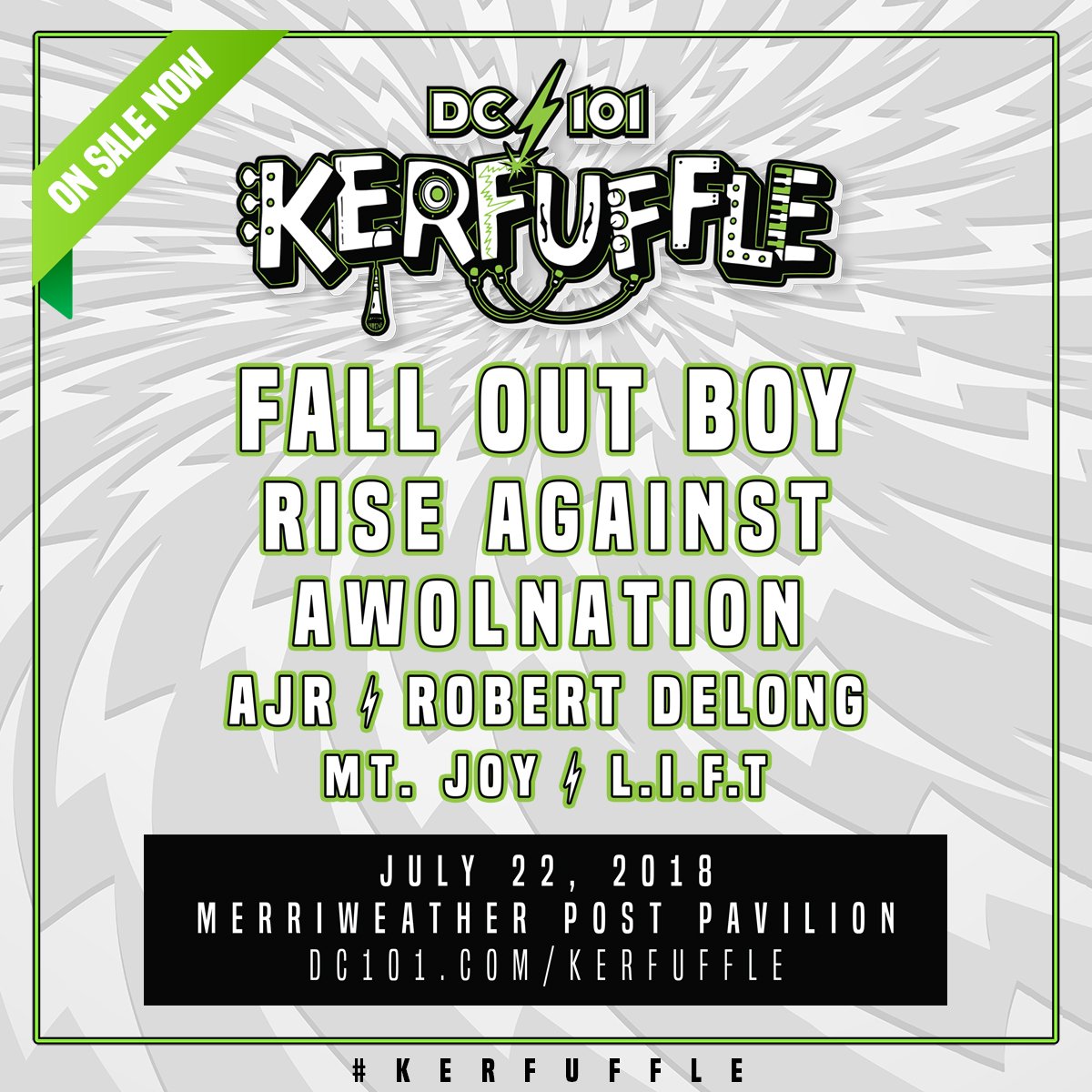 🚨 #KERFUFFLE 2018 LINEUP 🚨

<a href="/falloutboy/">Fall Out Boy</a>, <a href="/riseagainst/">Rise Against</a>, <a href="/awolnation/">awolnation</a>, <a href="/AJRBrothers/">AJR</a>, <a href="/DeLongMusic/">Robert DeLong</a>, <a href="/MtJoyBand/">Mt. Joy</a> &amp; <a href="/TheRealDeadKids/">ً</a> will be taking the stage at <a href="/MerriweatherPP/">Merriweather Post Pavilion</a> on July 22 🤘

Get your tickets now: dc101.com/kerfuffle
