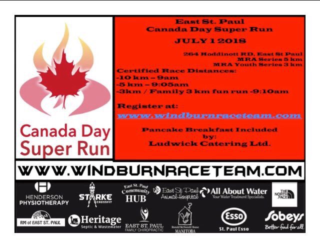 trigeekcanada's tweet photo. Celebrate Canada Day in East St. Paul at the Canada Day SUPER Run!
10 km/5km/3km run. Bring the family for the 3 km family fun run
Receive custom race mug,pancake breakfast and prizes from North Face and our other sponsors!
Register at: https://t.co/AzbcRDTzqG https://t.co/BujE2tnbm9