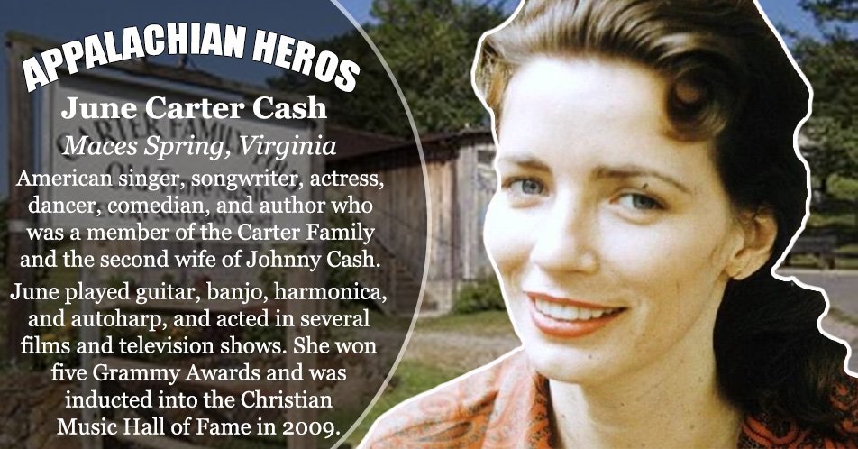 AppNationalist's tweet photo. #AppalachianHeros

Born in Southwest Virginia, June Carter Cash won five Grammy Awards, was inducted into the Christian Music Hall of Fame in 2009 and ranked number 31 in CMT's 40 Greatest Women in Country Music in 2003. https://t.co/WDwjOgqCby