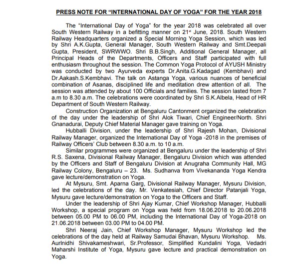 cposwr's tweet photo. International Day of Yoga for 2018 was observed in SWR under leadership of GM SWR shri AK Gupta @GMSWR . The same was also observed in all the units of SWR. @RailMinIndia @drmsbc @drmubl @DrmMys https://t.co/t62Ms18baF