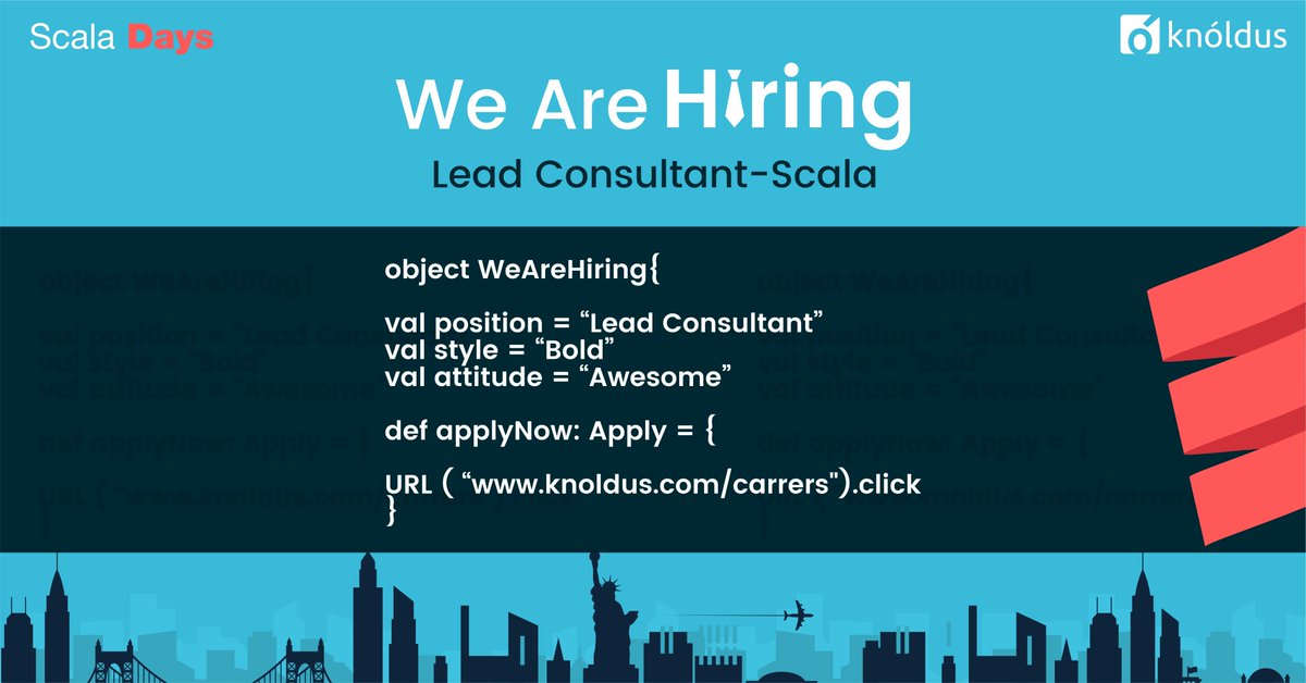 Knolspeak's tweet photo. Interested in building #ReactiveApplications? Like Functional Programming? Like static types and elegant abstractions? Visit Knoldus booth - #WeAreHiring. Click the link (https://t.co/EFYbTFhTVp) to learn more and #apply. Send your #resume at careers@knoldus.com #scaladays https://t.co/H9P8CKdCDV