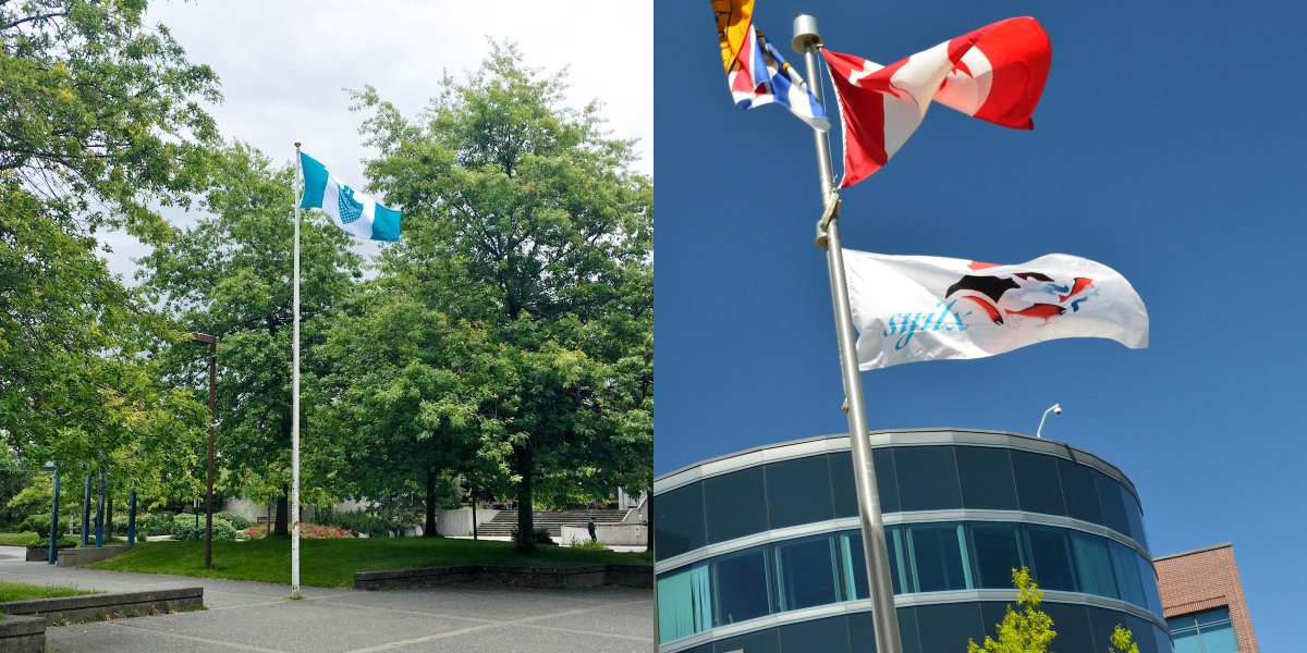 UBC's tweet photo. #UBC marks #NationalIndigenousPeoplesDay by flying the flags of the Musqueam Band and Okanagan Nation Alliance. Soon, those flags will have a permanent place on the Vancouver and Okanagan campuses. https://t.co/OBEwLQsP15 https://t.co/BQTKIDadrW