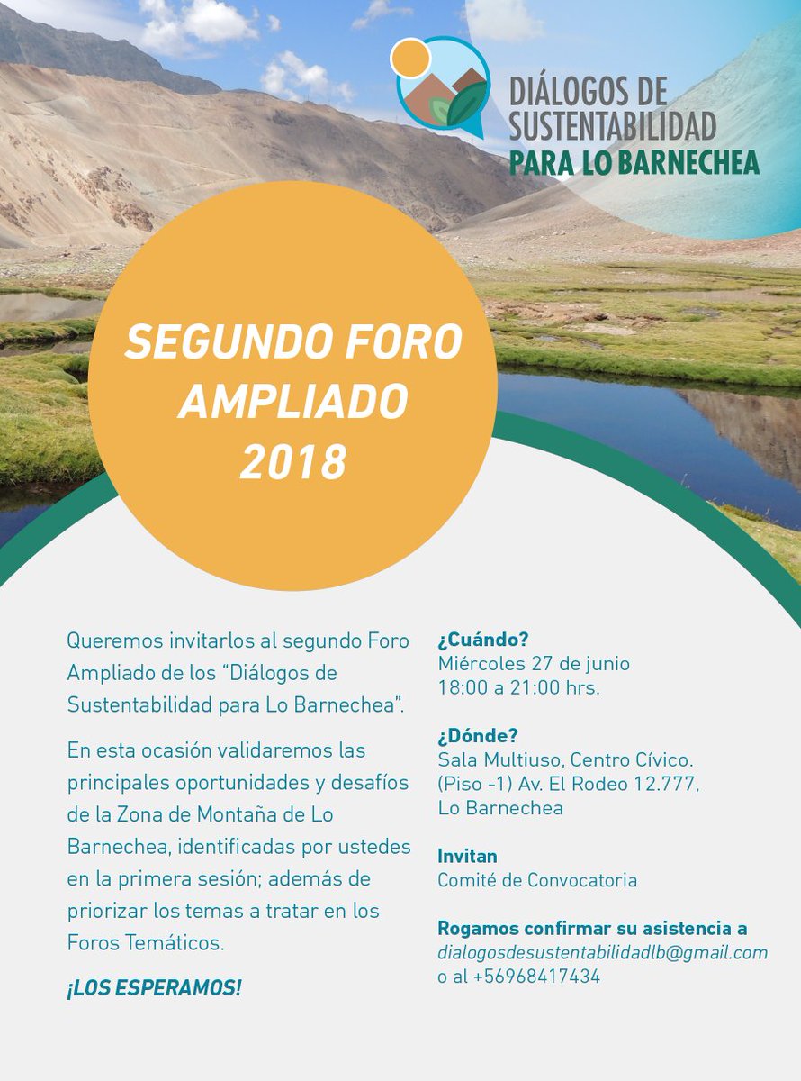 Atención vecinos de Lo Barnechea: segunda versión de Diálogos de sustentabilidad, todas quedan invitados a participar  <a href="/AngloAmericanCL/">Anglo American Chile</a> <a href="/lo_barnechea/">Lo Barnechea</a> Favor confirmar al mail indicado.