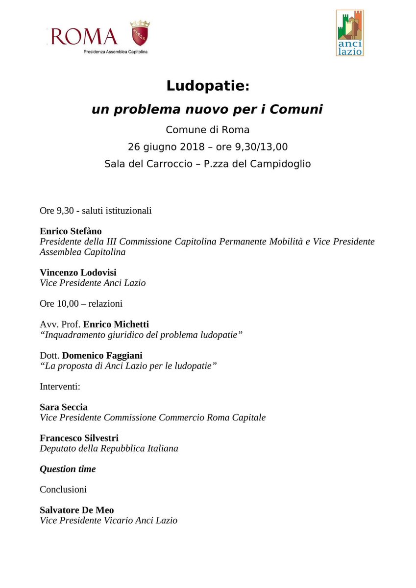 Martedì in Campidoglio introduco questo importante convegno sul tema delle ludopatie organizzato insieme ad <a href="/anci_lazio/">ANCI LAZIO</a>.