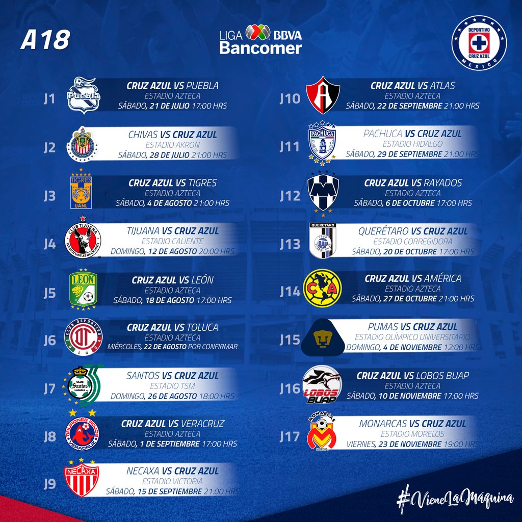 CruzAzul's tweet photo. 🗓️ La Máquina comenzará su participación en el torneo Apertura 2018 de la @LIGABancomerMX el próximo 21 de Julio en el Estadio Azteca. Consulta las fechas en nuestro calendario. #CalendarioParaTodos #VieneLaMáquina 🚂🔵⚽ https://t.co/nmCkv3lA2j