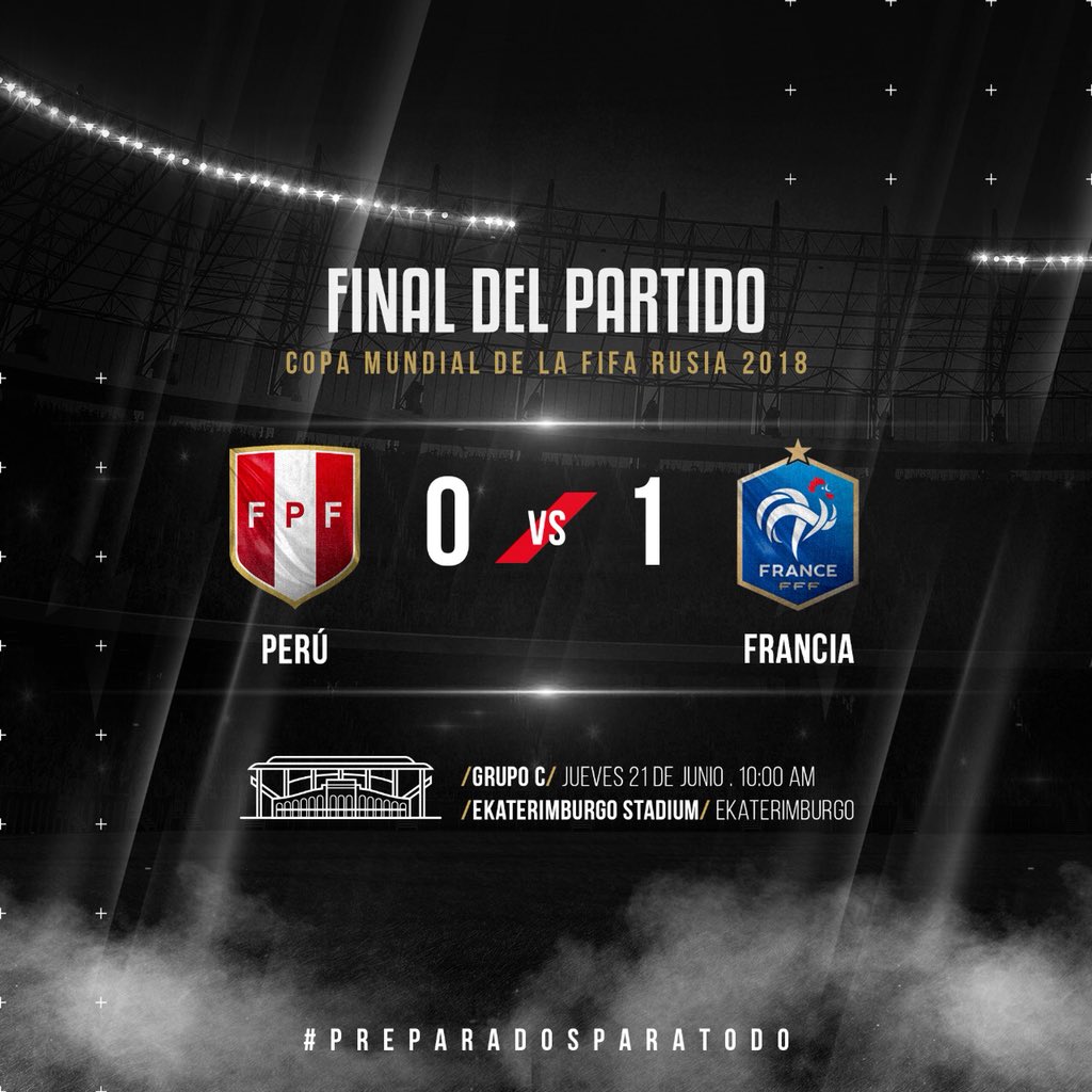 SeleccionPeru's tweet photo. Final del partido en Ekaterimburgo.

¡Vamos adelante Blanquirroja! Gracias por dejarlo todo en el campo.

#FRAPER #PreparadosParaTodo https://t.co/Zpsq8UehKa