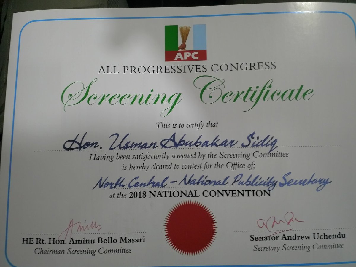 MrAbuSidiq's tweet image. Today, I received my certificate of screening to contest the position of National Publicity Secretary of APC from the Secretary of the party's National Convention Committee, Senator Victor Ndoma Egba. #APCNationalConvention