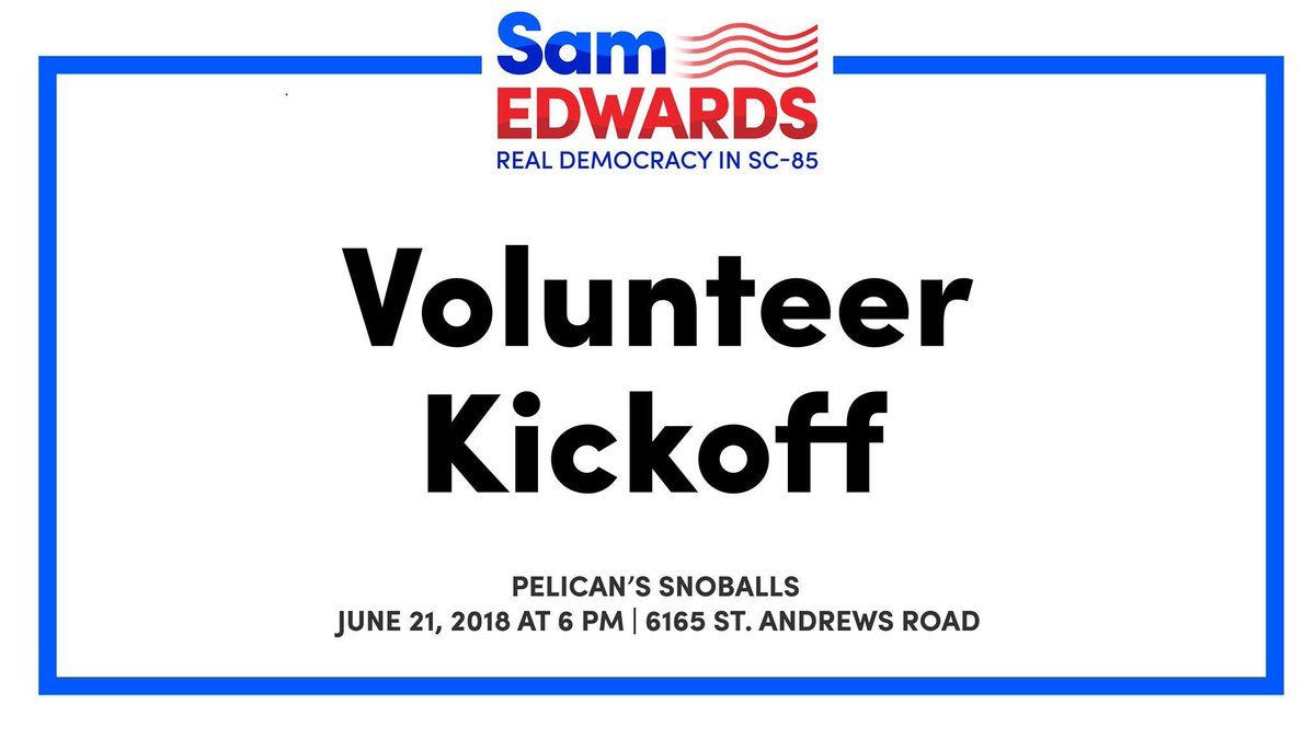 VoteSamEdwards's tweet photo. Calling all volunteers! Our volunteer kickoff is tonight at 6 p.m. at Pelican’s SnoBalls in Irmo. This is a fun, family-friendly event at one of the coolest places in town. Hope to see you there ✨🌊 https://t.co/ue3KXtbHLN #sc85 #votesamedwards https://t.co/x51UHjzXCs
