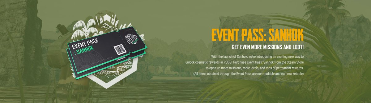 PUBG's tweet photo. Complete missions. Level up. Earn swag. Introducing Event Pass: #Sanhok. 

Learn more: https://t.co/leMaGo4U6j https://t.co/krpesAK4WJ