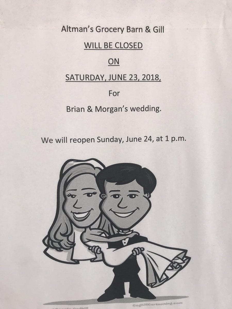 GroceryBarn's tweet photo. Brian’s getting married! Altman’s will be closed on Saturday June 23rd so our family can take part in this special event. We’ll reopen on Sunday at 1pm. https://t.co/jZQAeSbdJR