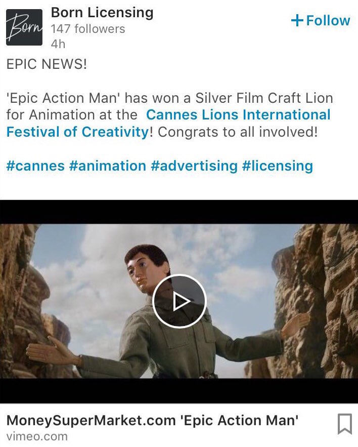 Wow Action Man Feels Epic! Congratulations <a href="/bornlicensing/">Born Licensing</a> #cannes #animation #silverfilmcraftlion #advertising #moneysupermarket #licensing #epicactionman #actionman #motherlondon