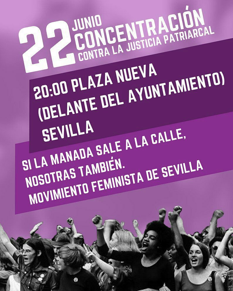 CafeFemAljarafe's tweet photo. Si la Manada sale a la calle, nosotras también.
Si la justicia sigue siendo machista no habrá descanso feminista. 

#lamanada
#nostocanaunanostocanatodas
#LaManadaSomosNosotras
#sevilla https://t.co/x8PPoySKbb