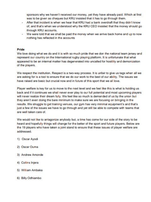 Secular_Kenyan's tweet photo. #Kenya7s players statement following the withdrawal of sponsorship by @BrandKenya through @tunajibu and subsequent sacking of the coach Innocent Simiyu by #KRU https://t.co/gauv2Op26v