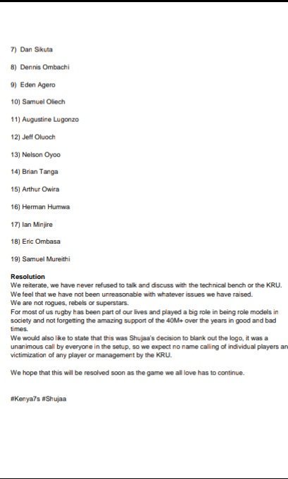 Secular_Kenyan's tweet photo. #Kenya7s players statement following the withdrawal of sponsorship by @BrandKenya through @tunajibu and subsequent sacking of the coach Innocent Simiyu by #KRU https://t.co/gauv2Op26v