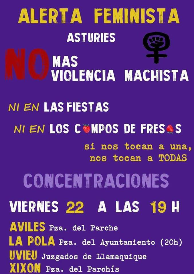 Hoi lliberaron a Los Cinco violadores de La Manada. Amás, sumámonos a la convocatoria de sofitu a les xornaleres migrantes de la fresa en Huelva🍓 que sufren acosu llaboral y sexual📣 mañana toes a la cai. ¡Non más violencies machistes! Nin nes folixes Nin nos campos de freses.