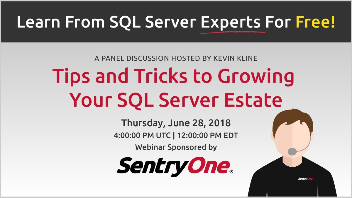SentryOne's tweet image. Join @kekline, @js_0505, @sqlagentman, @SeibelsITS, & @sqldbawithbeard for an @MSSQLTips panel discussion on 6/28. Register to learn what top DBAs do to ensure reliable & fast performance despite managing hundreds or even thousands of #SQLServers. hubs.ly/H0cL2q30