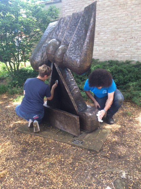 Museum staff are busy cleaning and waxing Seymour Lipton’s Dragonseed (on loan from the estate of Seymour Lipton and Michael Rosenfeld Gallery, New York). #ArtsAtHofstra #HofstraUniversityMuseum #Hofstra #Hofstrau #HofViews #OutdoorSculptures #SeymourLipton #Dragonseed