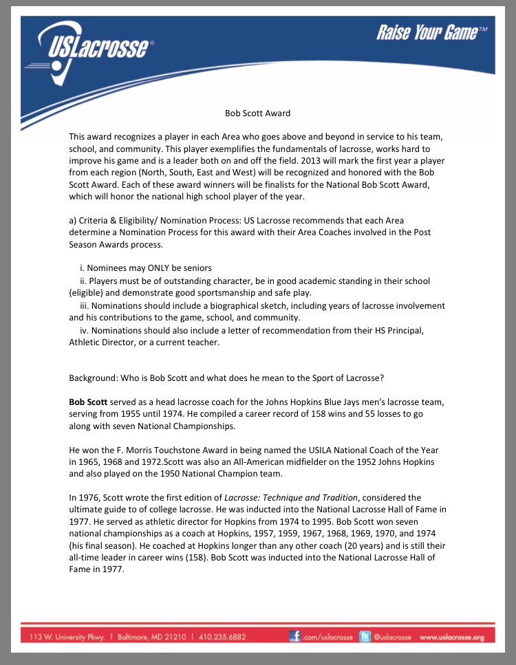 Congratulations to Robby Scola for being the receipiant of the US Lacrose Bob Scott award!! This is awarded to players with outstanding character both on and off the field. uslacrosse.org/players/high-s…