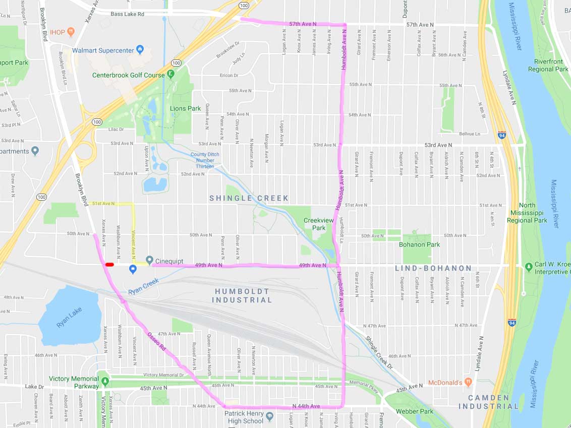 Detour Update - it's lasting longer &amp; now it's getting worse. Starting next Monday the 25th &amp; lasting all week - 49th Ave N will be blocked at Brooklyn Blvd.

The detour route for cars is marked in yellow. Coming or leaving by truck, take one of the 2 routes marked in purple.
