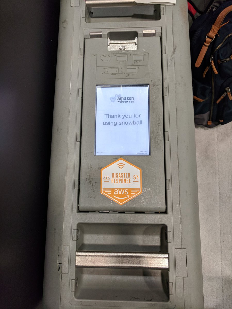 TylerSRadford's tweet image. Got a demo today on @awscloud Snowball Edge today from @mojodna. It is a Petabyte data transfer (dustproof, waterproof) device that can be deployed post disaster, running @OpenAerialMap @awesomeposm and #OpenStreetMap editing completely offline. #AWSPSSummit @joseph_flasher