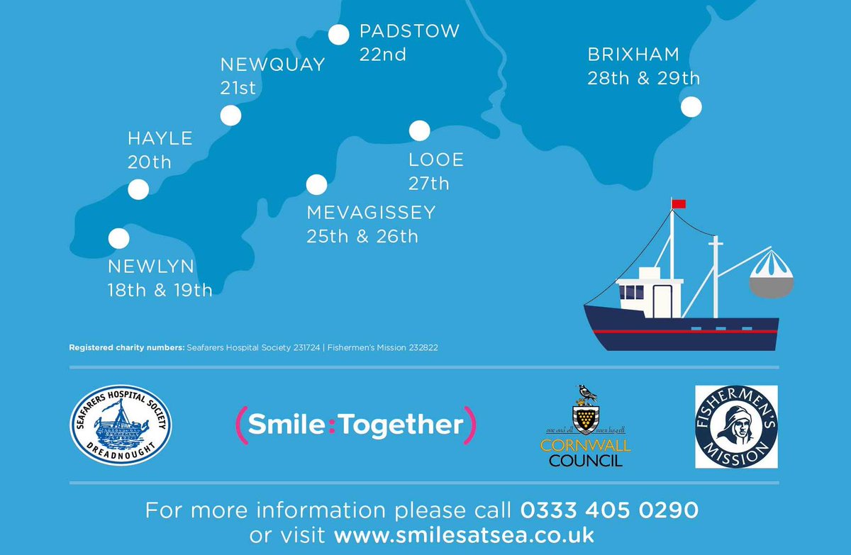 We'll be in Padstow tomorrow from 12pm until 7pm delivering FREE Health Checks for Fisherman with <a href="/SmileTogetherUK/">Smile Together</a> 

For more information: bit.ly/2lbfy59

#SmilesAtSea