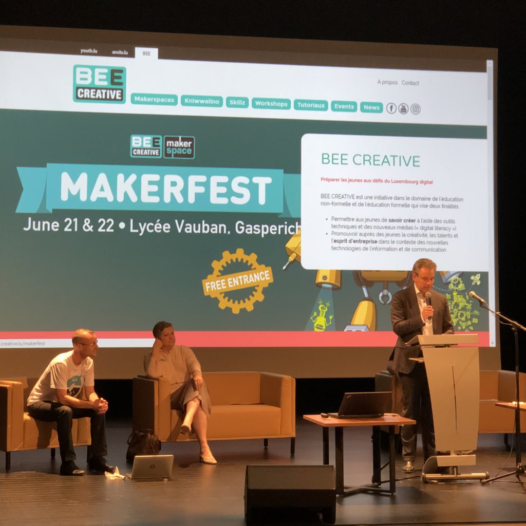 koen_'s tweet photo. Official opening of the 20th Makerspace @lycee_vauban #MakerFest with minister @MeischClaude and @MarcTeusch https://t.co/HlxG9fUgeC