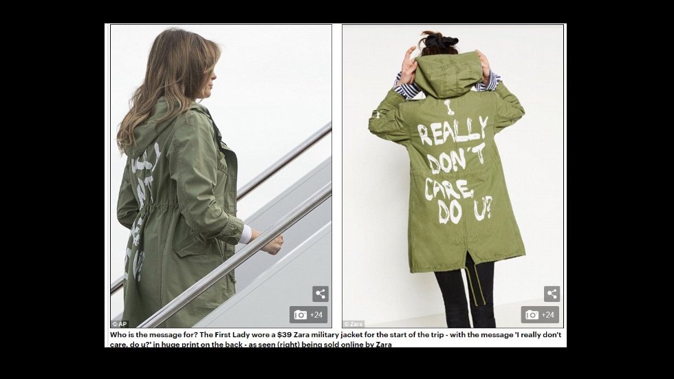 thehill's tweet photo. Melania Trump wears jacket that says "I really don't care, do u?" on way to surprise detention center visit https://t.co/nHUtTmzeXA https://t.co/VqXDDpyipp
