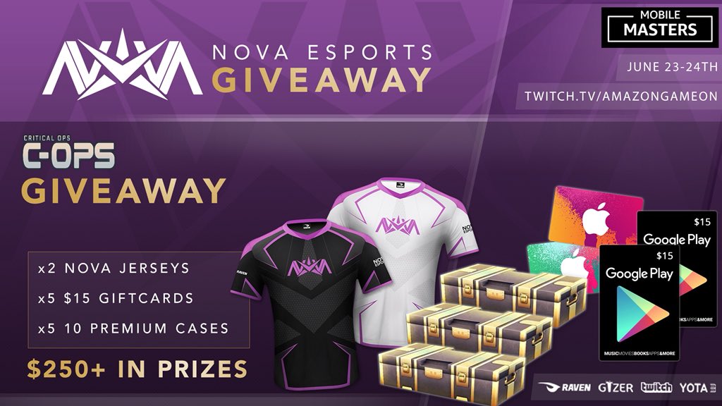 NovaEsportsTeam's tweet image. 🔥Giveaway 🔥
#NovaCOps has qualified to compete in Amazon #MobileMasters with $40,000 on the line
Get hyped up #NovaFam and maybe win some prizes 👀
👕 2 Nova Jerseys
💳 5 $15 Gift-cards
📦 5 x10 Premium Cases
❤️ Like and 🔁 Retweet to be entered to win 1 of 12 prizes 🔥